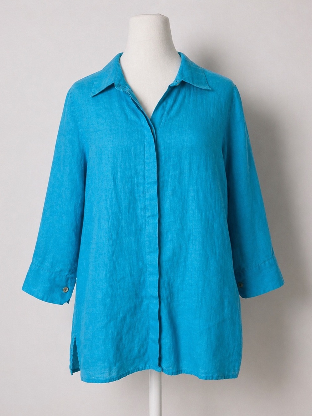 Harve Benard 100% Linen Shirt M Turquoise Blue 3/4 Sleeve Button Blouse VTG
